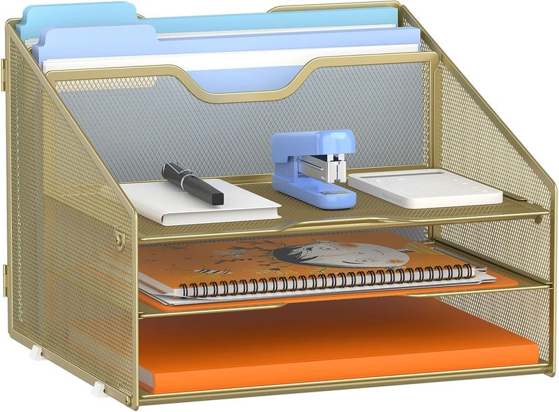 Gawerk Letter Tray Organizer, Mesh Desk File Organizer with 3 Paper Trays and 2 Vertical Upright Section (Gold) - Image 1